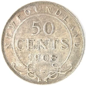 Moneda de 50 centavos de plata .925 de Terranova 1908 rey Eduardo VII KM#11 baja acuñación EF - Imagen 1 de 2