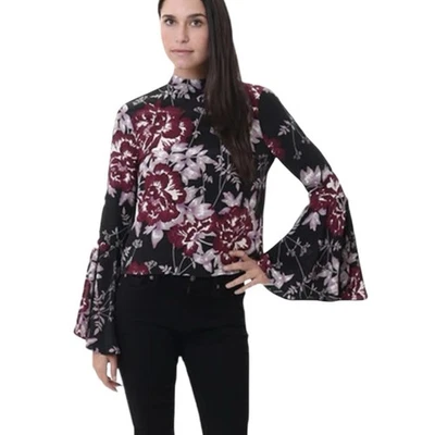 Yumi Kim Black Purple Floral Long Bell Sleeve Silk Shirt Small - Image 1 of 4