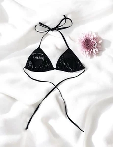 Black Sequin Sparkly Halter Bikini Swim Top Beach Summer Festival Glam Y2K Small - Picture 1 of 4