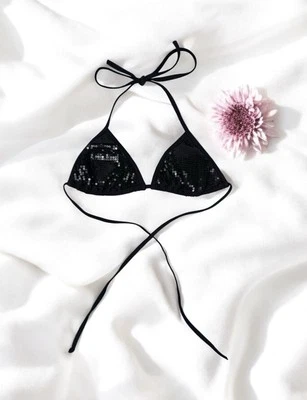 Black Sequin Halter Bikini Swim Top Beach Summer Festival Glam Vacation Y2K S - Image 1 of 4