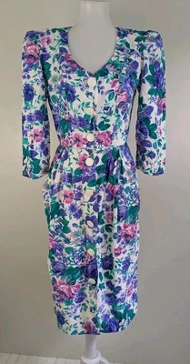 80s Does 40s Rayon Secretary Dress Vtg Bold Floral Shoulder Pads Sheath Modest 4 - Image 1 of 4