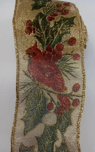 Vintage Red Cardinal Christmas Ribbon Gold Wired Decorative 2.5" Wide - Picture 1 of 6