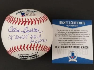 STEVE CARLTON Signed "1st BALLOT 95.8 HOF 94" Baseball ~ BAS Beckett COA Witness - Image 1 of 2