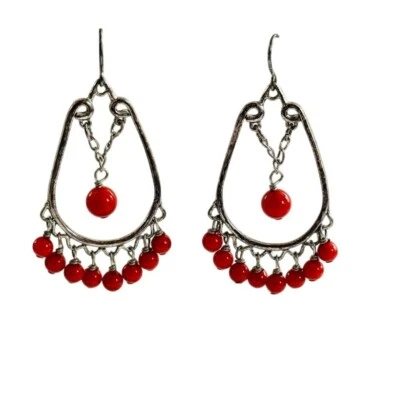 VTG Red salmon coral Earrings Dangle Pierced natural beads Silver 925 sterling - Image 1 of 4