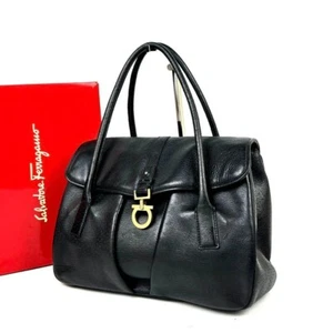 Salvatore Ferragamo Gancini Hand Boston Bag Leather Black Used Gently Auth JAPAN - Picture 1 of 10