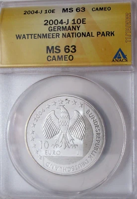 GERMANY - MS 63 - WATTENMEER NAT. PARK -10 EUROS - 2004-J,  CAMEO ANACS  0 S/H ! - Image 1 of 4