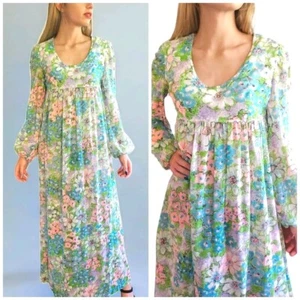 ROMANTIC "JULIET" Vintage 1960s-1970 Gauzy Ethereal Floral EMPIRE Maxi Dress S/M - Picture 1 of 9