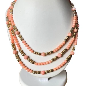 Vintage Necklace Pink Glass Beads Lotus Jewelers Gold Toned Spacers 3 Tiers - Picture 1 of 13