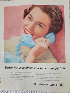 1959 Bell Telephone System blue rotary dial phone pretty brunette vintage ad - Picture 1 of 1