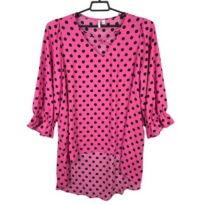 Womens Cato Pink & Black Polka Dot High-Low Blouse 3/4 Ruffle Sleeve Size 18/20W - Image 1 of 4