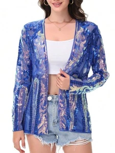 Women's Sparkly Sequin Cardigan Long Sleeve Open Front Glitter Party Evening Jac - Picture 1 of 32