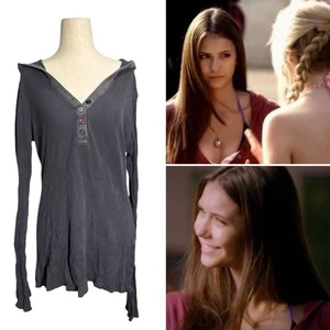 MILEY CYRUS Hooded Henley Thermal Top Washed Navy Charcoal XL ASO Elena Gilbert - Picture 1 of 10