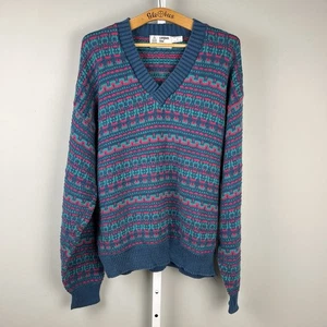 Vintage London Fog Sweater Mens Large Teal V-Neck Pullover Textured USA Cotton - Picture 1 of 5