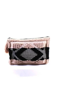 Mango Womens Woven Jacquard Tassel Zip Top Clutch Handbag Beige Black - Picture 1 of 6