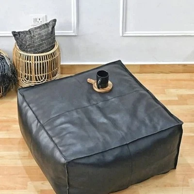 Leather Moroccan Footstool New Real Boho Unstuffed 20'' Aamazing Pouffe Leather - Image 1 of 4