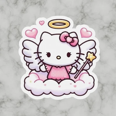 Kitty cat, Cute Fun Pink Angel Wings Hello Adorable Glossy Vinyl sticker, Decal - Image 1 of 2