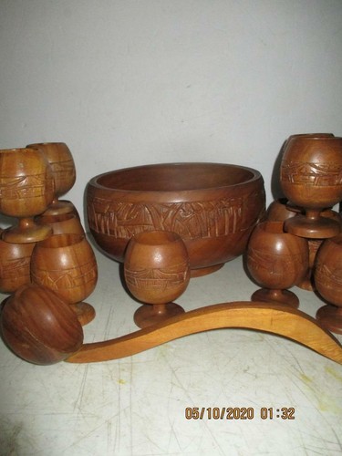 Vtg Monkey Pod Wood Hand Carved 15 Pc Set *Punch Bowl *13 Footed ...