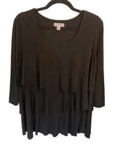 Susan Graver Liquid Knit Tiered Blouse Black Size 1X 3/4 Length Sleeve - Picture 1 of 4