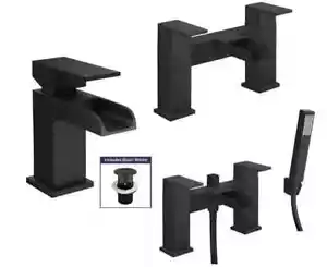 Bathroom Modern Waterfall Black Basin Sink Mono Square Mixer Tap Filler Waste - Picture 1 of 23