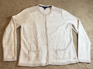 Cárdigan Tommy Hilfiger Para Mujer Talla XL Grueso Tejido Tostado/Dorado Bolsillos Preppy - Imagen 1 de 13
