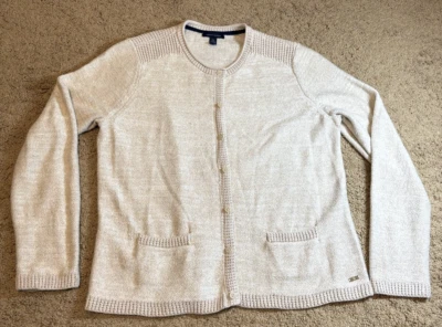 Cárdigan Tommy Hilfiger Para Mujer Talla XL Grueso Tejido Tostado/Dorado Bolsillos Preppy Foto 1 de 4