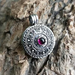 Sterling Silber lila Stein Amulett Medaillon Anhänger Tasche Halskette Handarbeit Java - Bild 1 von 4