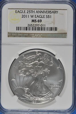 2011 W Burnished 1 OZ Silver American Eagle NGC MS 69 25th Anniversary - Image 1 of 2