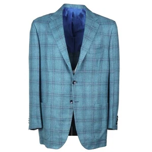 Kiton Green and Blue Check Cashmere-Linen-Silk-Wool Sport Coat 44 Semi-Long NWT - Picture 1 of 12