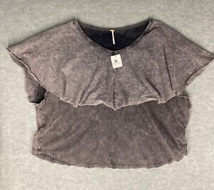 Free People Womens Top XL Sweatshirt S/S Raw Distressed Flutter Linen Blend