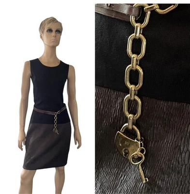 Cinturón Llave Cerradura Cadena Latón Pesado Cuero Marrón Colección Ralph Lauren De Colección - M Foto 1 de 4