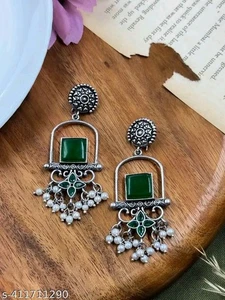 Tribal Silver Oxidized Jhumka Kundan Earring Festive Wedding Designer Earring - Picture 1 of 9