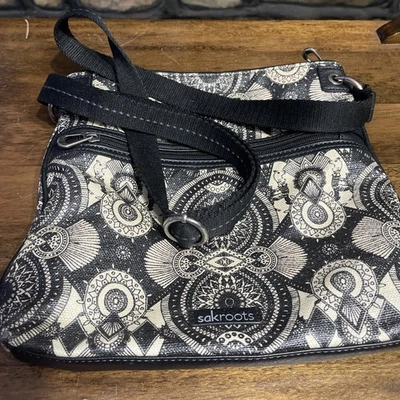 Sakroots Purse Crossbody Polyvinyl Black Beige Floral Design Multi Zip Pockets - Image 1 of 4