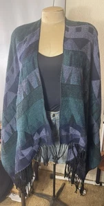 Woven Southwestern Print Open Front Wrap Shawl One Size Blue Green Bobbie Brooks - Picture 1 of 5