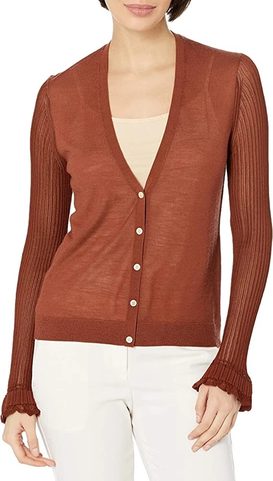 Theory Clay Bering Sheer Sleeve Cardigan L0211704 Brown Small