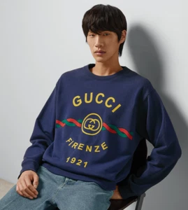 Gucci Firenze 1921 French Terry Cotton Crewneck GG Logo Blue Sweatshirt Size L - Picture 1 of 14