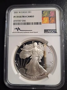 2001 W PROOF SILVER EAGLE NGC PF70 ULTRA CAMEO MERCANTI SIGNED REAGAN LABEL - Picture 1 of 4