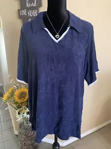 Denim & Co. Beach Knit Polo with Contrast Trim-Navy-XL A602904 NEW - Picture 1 of 1