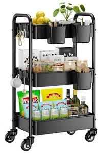 3 Tier Rolling Cart - Metal Utility Cart with Wheels, Hanging Cups, Hooks, He... - Picture 1 of 8
