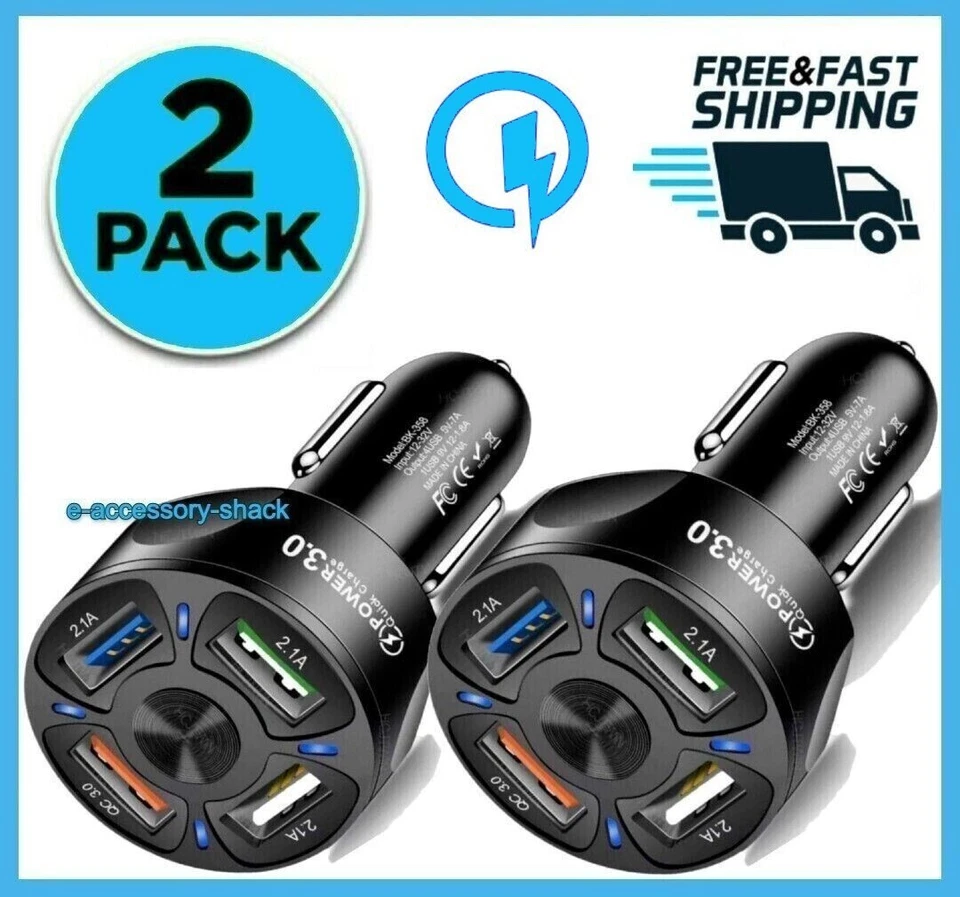 2 Pack 4 Port Car Charger Adapter 12v Plug Fast Charging for Samsung iPhone - Image 1 of 4
