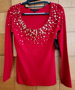 Y2K Christmas Sweater Red Women Top Americana Studs XXS stretch - Picture 1 of 11