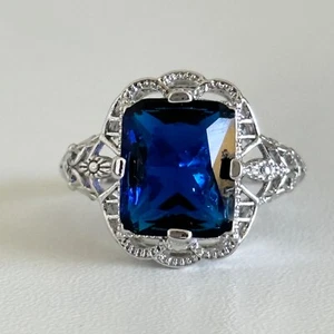 Ladies Blue CZ Stone Silver Plated Art Deco Style Statement Ring Size 8 - Picture 1 of 12