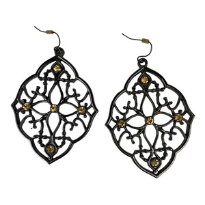 Gunmetal Fashion Statement Earrings Pierced Yellow Stones - Picture 1 of 4