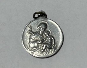 Vtg Silver Metal Tone Joseph w/ Christ Child & Guardian Angel Catholic Pendant - Bild 1 von 4