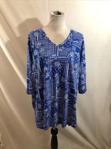 Woman Within Blue V Neck, 3/4 Sleeve, White Floral Print - Womens 1X, Bust 26” - Picture 1 of 4