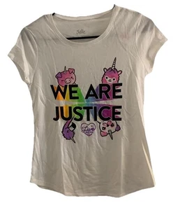 Justice Girls Top White 10/12 Plus Pullover Short Sleeve Colorful Graphics Logo - Picture 1 of 11