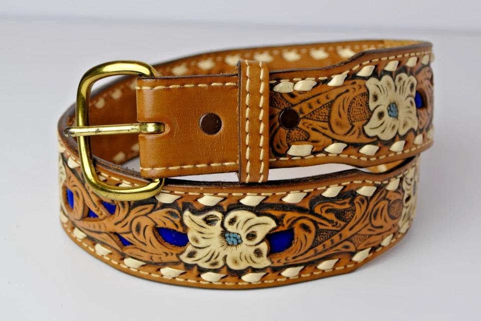 Kona Kut by Nocona Womens Hand Tooled Leather Belt Sz 28 Brown Bev Western Rodeo - Image 1 of 4