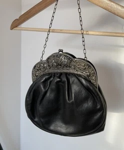 Vintage Damen Handtasche dekorativer Sterling Silber Schließe Leder Gebraucht - Bild 1 von 6