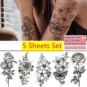 Set of 5 - Waterproof Temporary Tattoo Stickers Flowers Snake Arm Leg Body Art - Picture 1 of 10