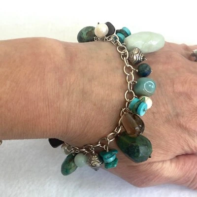 Браслет с брелоками цепочка бирюза многоцветный бисер серебро 925 пробы 7,5 дюйма - Изображение 1 из 4