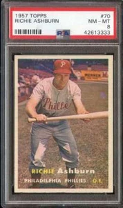1957 TOPPS #70 RICHIESTE ASHBURN PSA 8 PHILLIES HOF - Foto 1 di 2